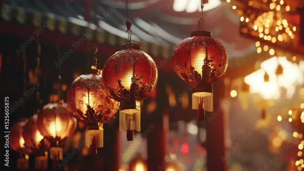 Poster A collection of bright red lanterns suspended from the ceiling, great for adding warmth and ambiance to any setting