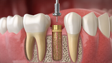 Dental implant surgery installing implant into human gum, medical concept.