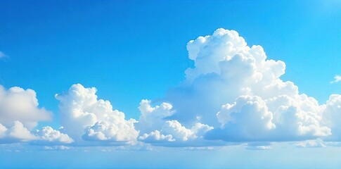 Vast, fluffy cumulus clouds dominate a brilliant blue sky, creating a serene and peaceful atmosphere Perfect for backgrounds or travel imagery Sunlit, airy, and tranquil , vacation, heavenly, fluffy