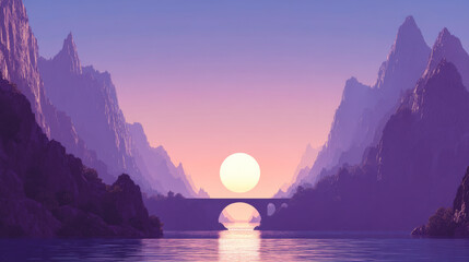 Stone bridge connecting mountains with setting sun in background and purple haze in fantasy landscape