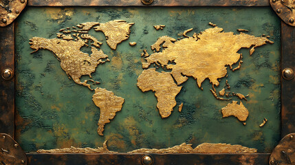 Antique world map embossed in gold, framed in metal
