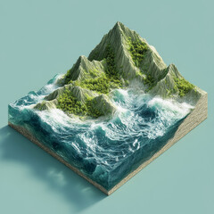 3D cross section of island with mountains surrounded by ocean waves