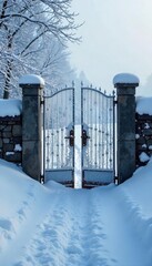 Frozen gates, frosted with winter's icy breath, stand silent against a backdrop of snow-covered landscape The scene evokes a sense of serene winter stillness and quiet solitude , frost, tranquil