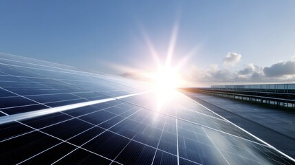 A bright sun rises over a field of solar panels. This image captures the essence of renewable energy and sustainability. Perfect for environmental themes. AI
