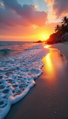 A serene beach scene at sunset, with gentle waves lapping the shore and a tranquil atmosphere Perfect for relaxation and happiness themes , peace, beautiful