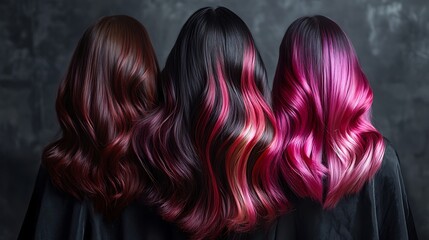 Three women displaying different hair colors from brown to black with pink highlights to magenta hues
