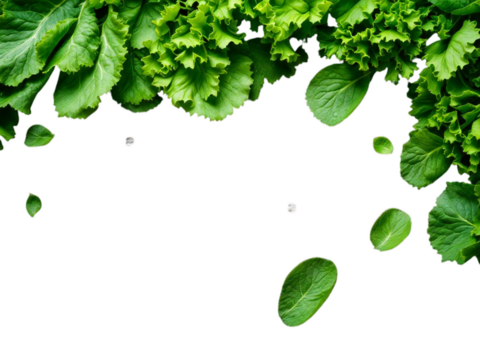 Fresh green lettuce and spinach leaves arranged on a black background creating a natural border
