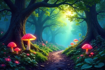 Enchanted woodland path winding through luminous flora and glowing fungi under a canopy of ancient trees, dappled sunlight filtering through leaves , enchanted, calm, sprite