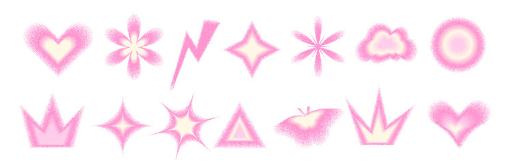Blur pink pastel grainy gradient shapes set. Y2k retro heart, star and circle, flower. Gradation butterfly, crown icons on white background. Trendy effect with gritty texture. Vector illustration.