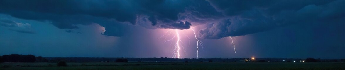 A dramatic thunderstorm rages over a dark and moody landscape, with lightning illuminating the swirling clouds and heavy rain Powerful nature, intense weather, dark sky , moody, environment, power