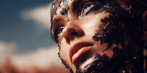 This close-up portrait showcases a female-like robot with realistic skin on her face and head, created by ai