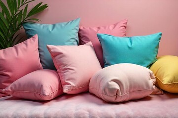 A serene arrangement of plump cushions in various colors and textures, scattered casually on a soft surface, evoking a sense of peaceful slumber and comfort , serenity, slumber