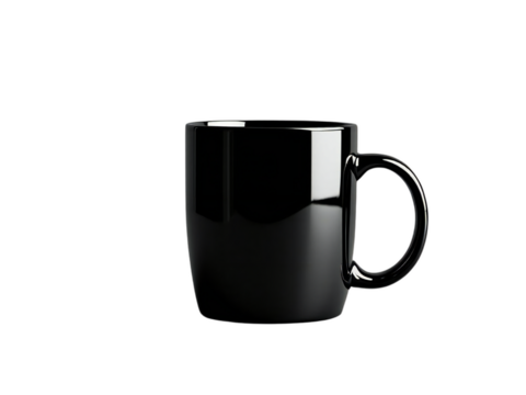 A glossy dark mug with a handle sits in stark contrast against a completely black background space