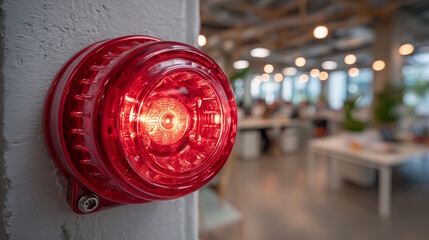 Red emergency alarm light flashing in modern office interior with blurred coworking space background, safety awareness concept of office management or facilities