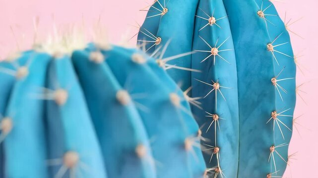 Two round, blue cacti with white spines, close-up view against soft pink background, desert plant, spiky succulents