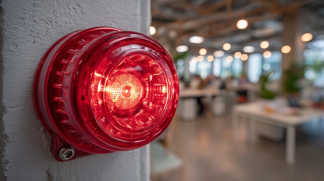 Red emergency alarm light flashing in modern office interior with blurred coworking space background, safety awareness concept of office management or facilities