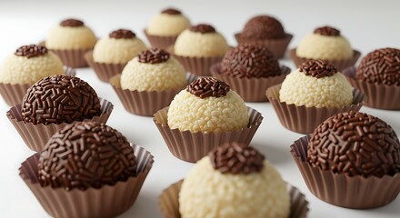 photo taken with a digital camera of brigadeiros arranged in paper cups with chocolate sprinkles, isolated on white background

