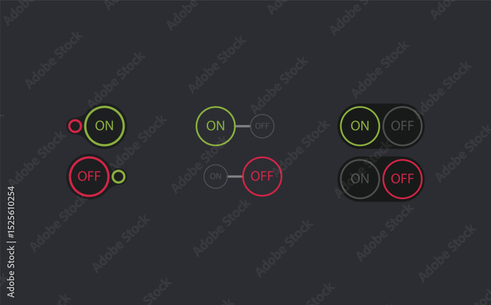Poster creative on and off toggle switch buttons with lettering modern devices user interface mockup or tem
