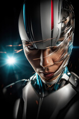 This close-up portrait showcases a female-like robot with realistic skin on her face and head, created by ai