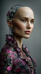This close-up portrait showcases a female-like robot with realistic skin on her face and head, created by ai