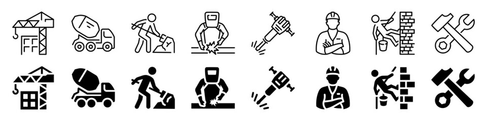 Construction work and heavy tools icon set. Linear and silhouette style.