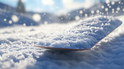 Hyper realistic 3D render of detailed snow textures on a snowboard after a long day on the slopes 