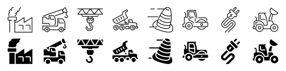 Construction equipment and industrial icon set. Linear and silhouette style.
