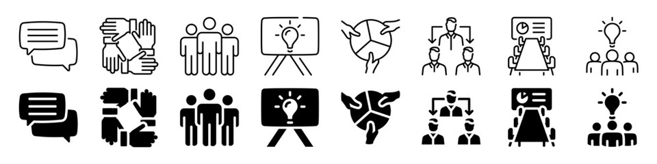 Team communication and business idea icon set. Linear and silhouette style.