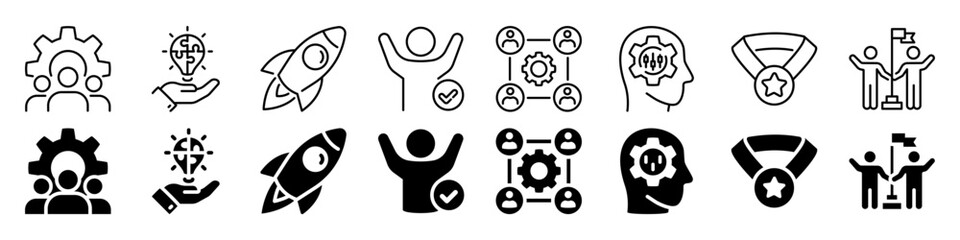 Obraz premium Innovation, teamwork, and success icon set. Linear and silhouette style.