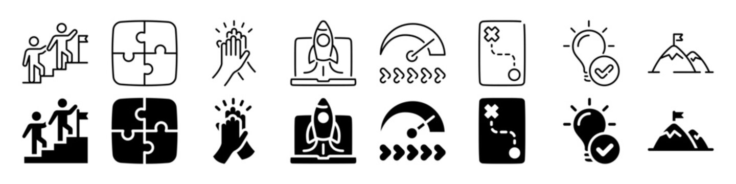 Business growth, innovation, and success icon set. Linear and silhouette style.