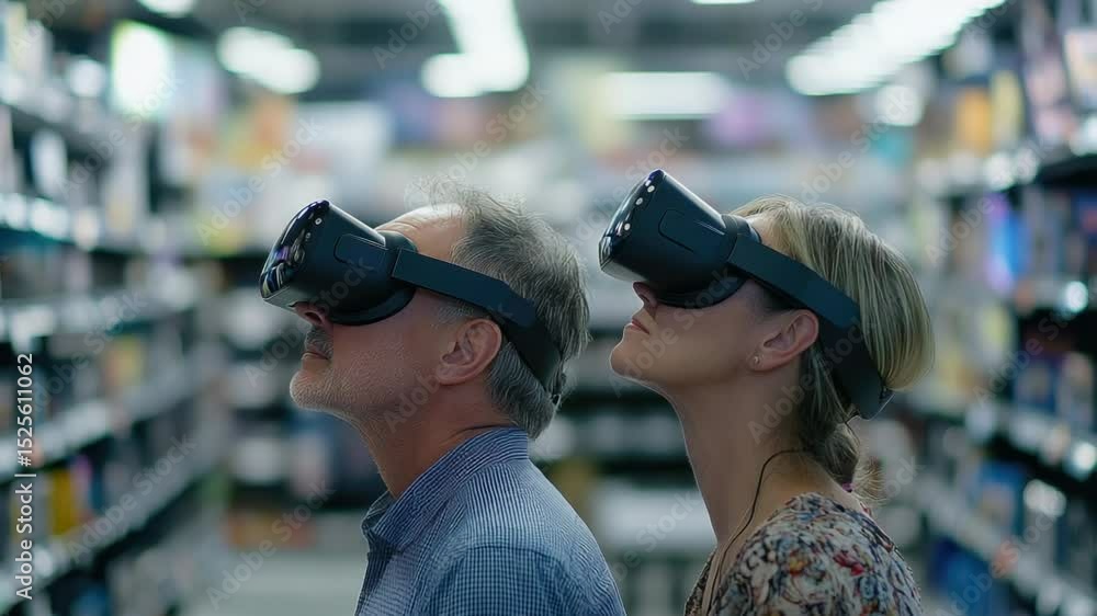 Poster a pair of people trying out virtual reality technology in a retail setting