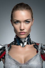 This close-up portrait showcases a female-like robot with realistic skin on her face and head, created by ai