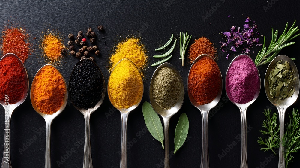 Poster a vibrant array of spices displayed on silver spoons. each spoon showcases a different color and tex