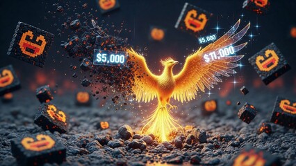 Charred NFT art pieces (burnt by "tax debt") regenerating as a golden phoenix rising from ash. Holographic refund $ amounts in wings.