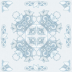 Square seamless pattern, wallpaper with hand embroidered white vintage napkin ornament in art nouveau style. Watercolor hand drawn illustration on a light blue watercolor background