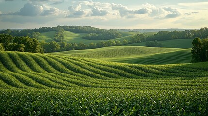 Rolling green hills of farmland at sunset, showcasing rows of crops bathed in golden light.  Beautiful landscape