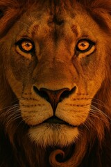 A striking close-up of a lion’s intense golden eyes, reflecting the vast savannah at sunset. The deep gaze, rich fur textures, and warm hues capture the power, mystery, and majesty of the wild.