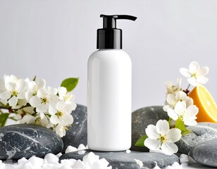 A mockup of a white bottle with a black pump, standing on rocks and flowers