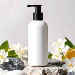 A mockup of a white bottle with a black pump, standing on rocks and flowers