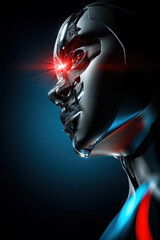 This close-up portrait showcases a female-like robot with realistic skin on her face and head, created by ai