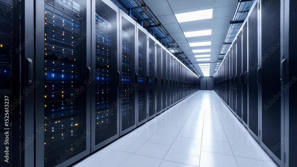 Poster data center server racks aligned in row, showing indicators and cables, illuminated corridor with br