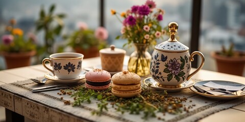 Fototapeta premium Trendy Terrace Brunch: Herbal Tea & Macarons