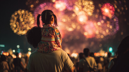 Fototapeta premium 肩車で花火を見上げる日本人親子の夏夜
