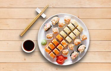 Japanese food restaurant, sushi maki gunkan roll plate or platter set. Set for two with chopsticks,...