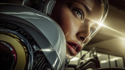 This close-up portrait showcases a female-like robot with realistic skin on her face and head, created by ai