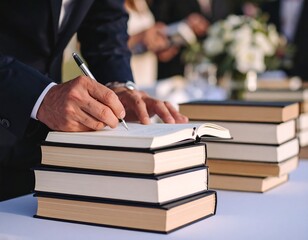 Man signing books at an event