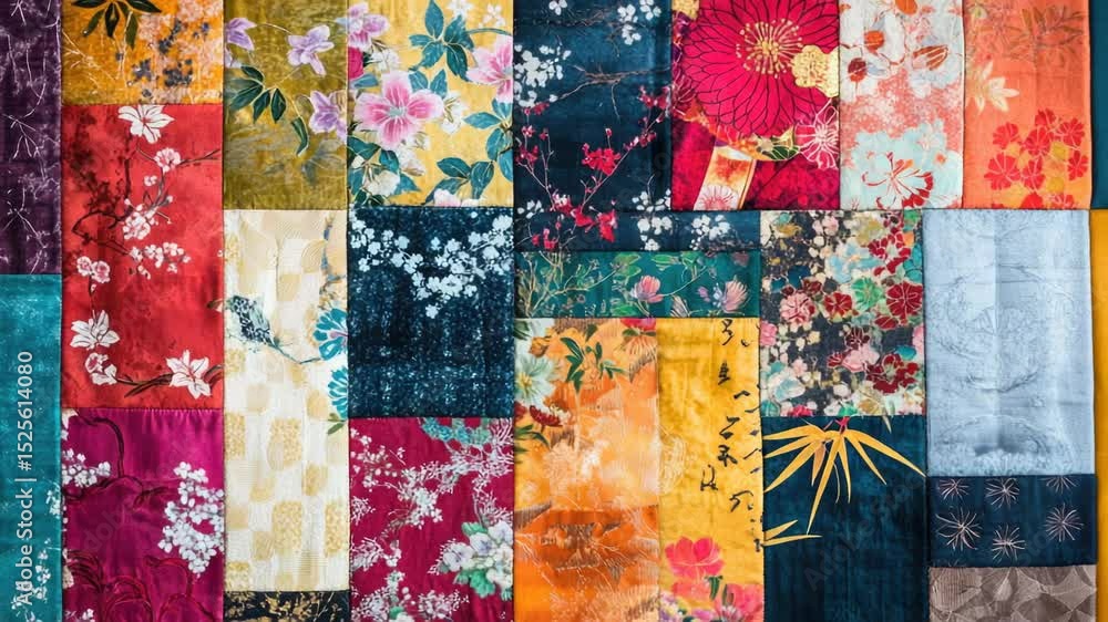 Poster A colorful patchwork quilt with varied patterns and colors