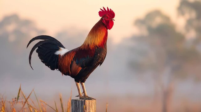A vibrant rooster stands atop a wooden post crowing in the misty dawn light rural peaceful countryside scene