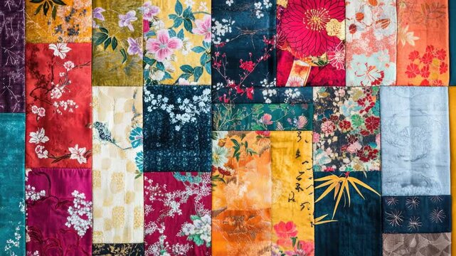 A colorful patchwork quilt with varied patterns and colors