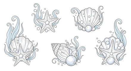 Romantic line art illustrations of enchanted seaside treasures. Hand-drawn seashells, starfish, pearls, and delicate seaweed swirls adorned with tiny mermaid scales and bubbles